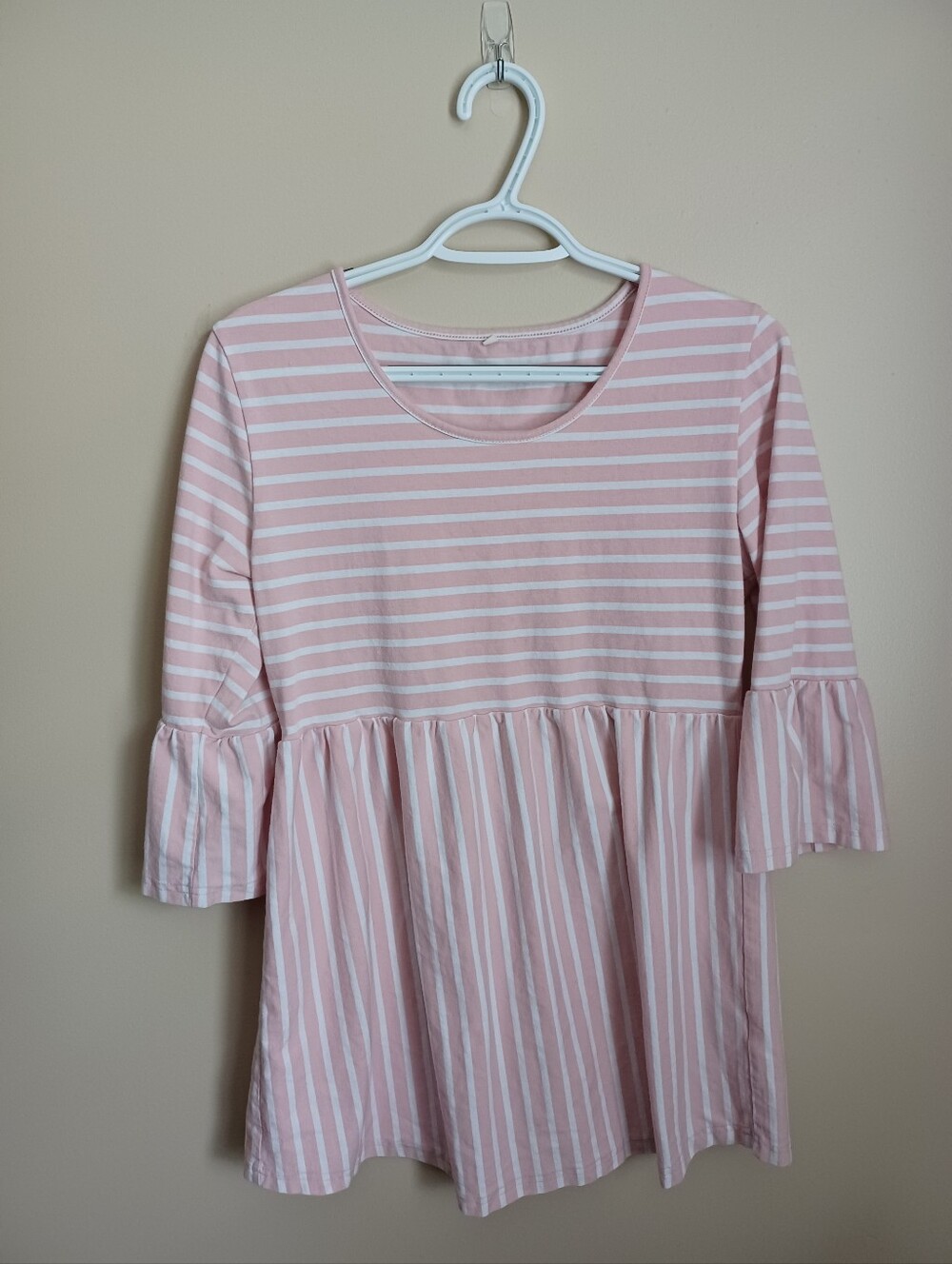 Women's Maternity Size M Pink White Striped Cotton Spandex Baby Doll Shirt Top